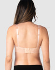 Kami, expecting mother of 2, demonstrating the versatile standard or convertible racerback feature of Hotmilk NZ's Ambition T-Shirt Wirefree nursing and maternity bra in shell pink, designed for maternity, nursing, and breastfeeding comfort