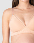 Close-up view of Kami, pregnant mother of 2, highlighting the exquisite fabric and intricate details of HOTMILK NZ's AMBITION T-SHIRT WIREFREE nursing and maternity bra in elegant maple, designed for maternity, nursing, and breastfeeding needs