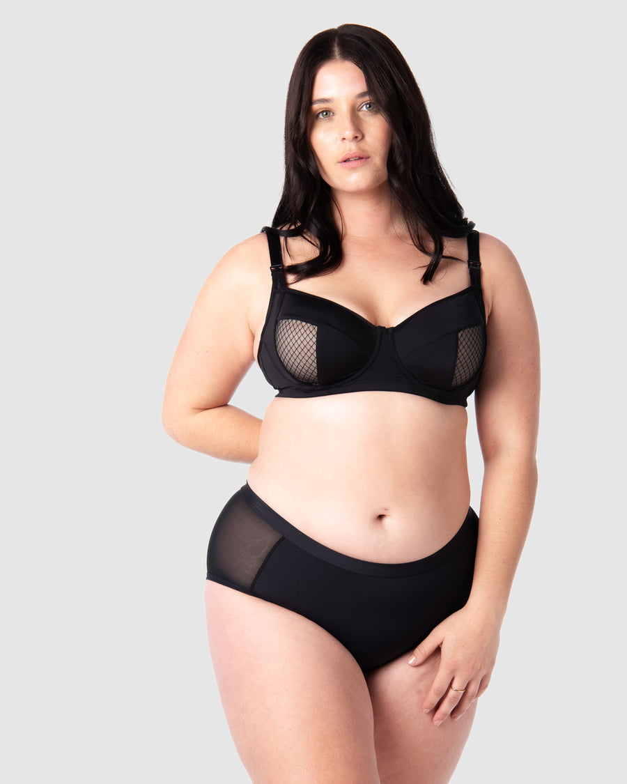 Complete ensemble: Olivia donning Hotmilk Lingerie NZ's Enlighten Balconette maternity, nursing, and breastfeeding bra in 14/36D, providing flexiwire support for maximum comfort and style