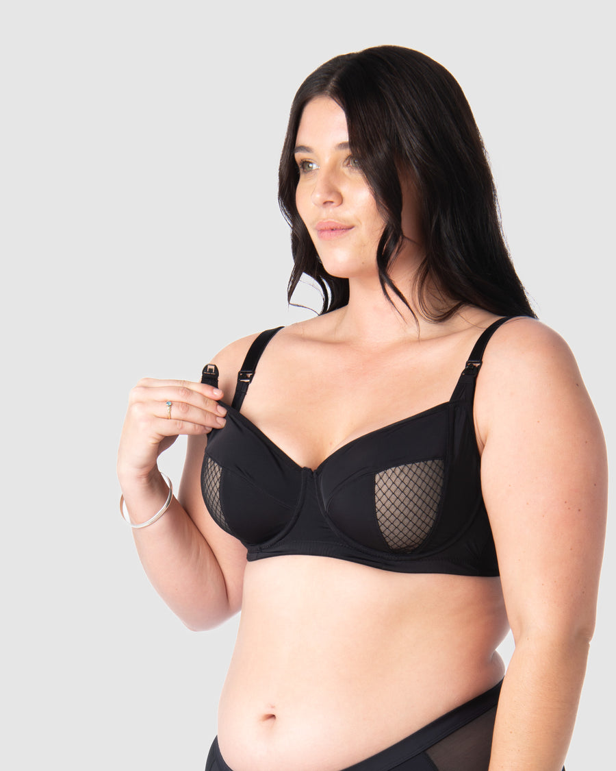 Close-up of Model Olivia showcasing the nursing clip functionality of Hotmilk Lingerie NZ's Enlighten Balconette maternity, nursing, and breastfeeding bra, designed for practicality and style