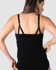 Rear view of the My Necessity Camisole by Hotmilk Lingerie NZ in black. This camisole serves as the ideal base layer, featuring a long line design that covers a pregnant belly and offers postpartum comfort and support