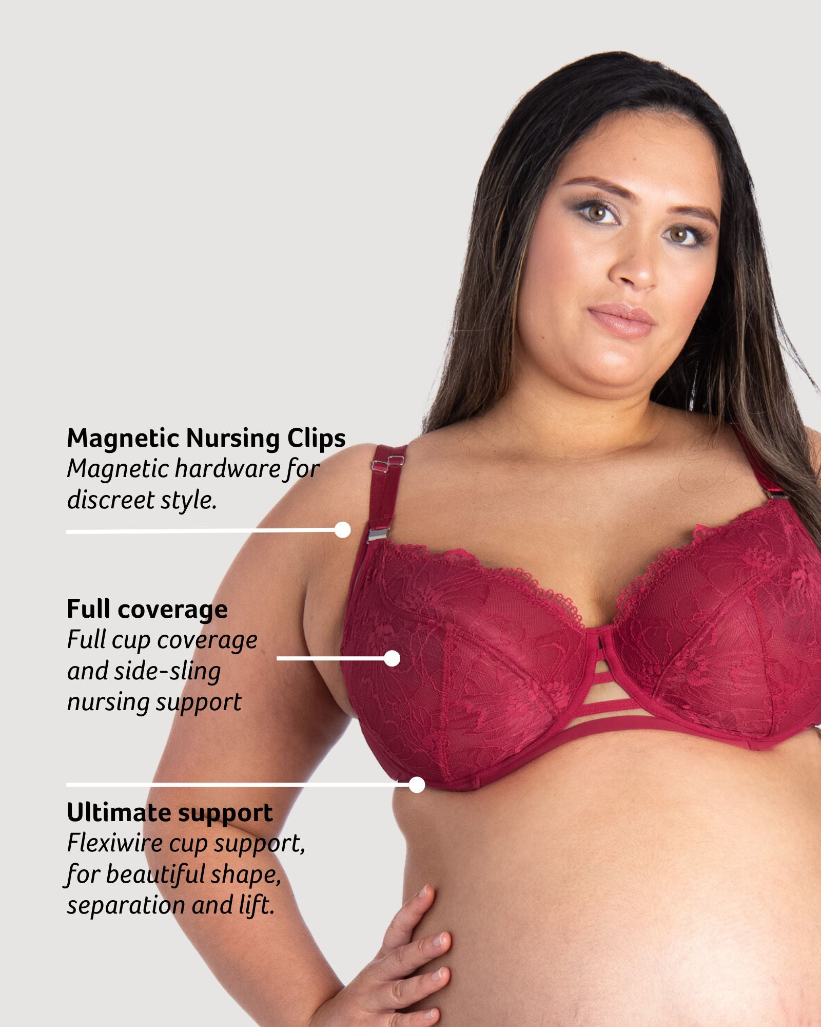 Discover the Key Features of Hotmilk Lingerie's True Luxe Persian Rose Maternity and Nursing Bra. Experience the Sensual Comfort of Flexi Underwire, Elevating Your Maternity Wardrobe to a New Level of Style and Functionality