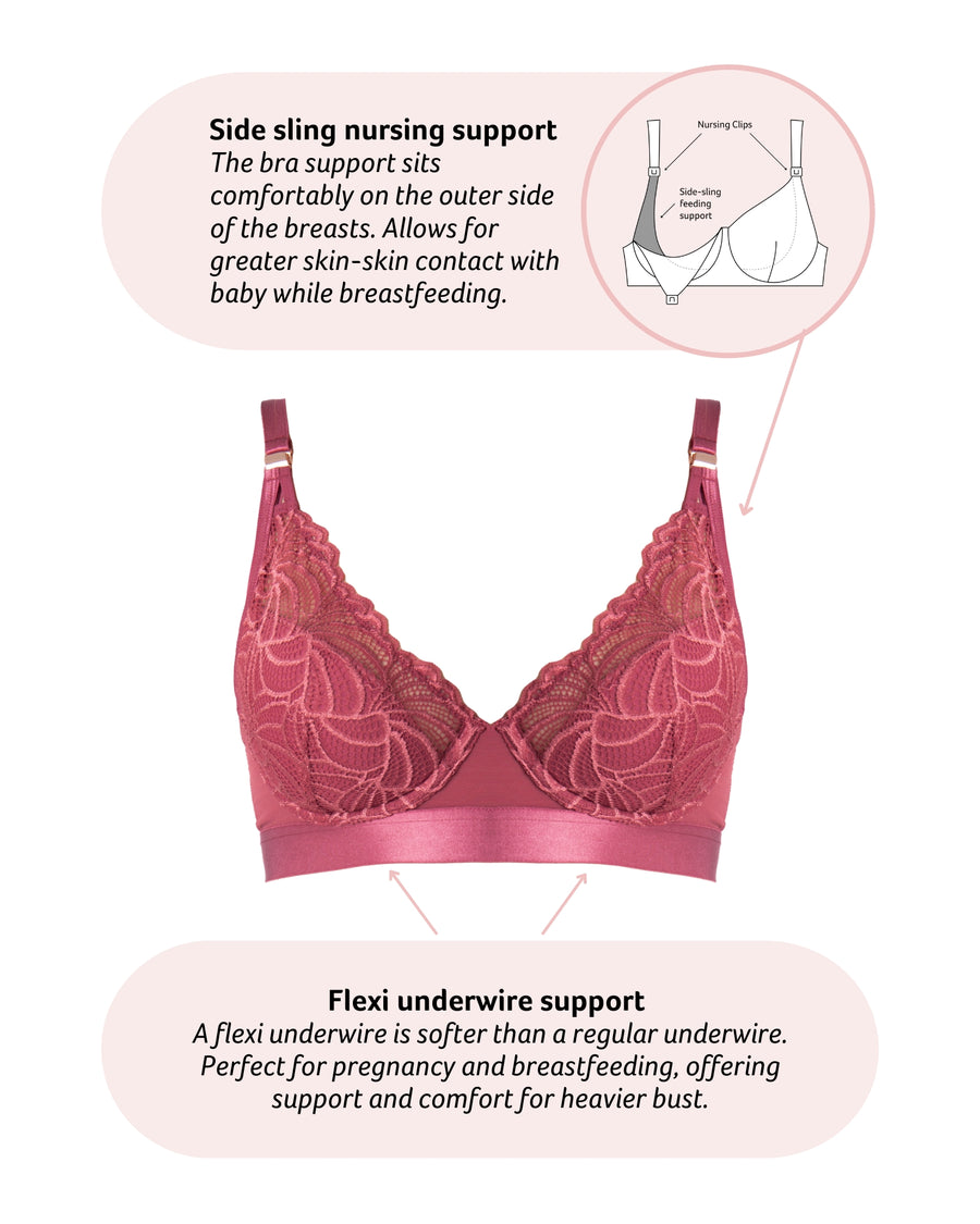 Technical features on Warrior Plunge Contour Nursing Bra with Flexi Underwire in Spiced Rose
