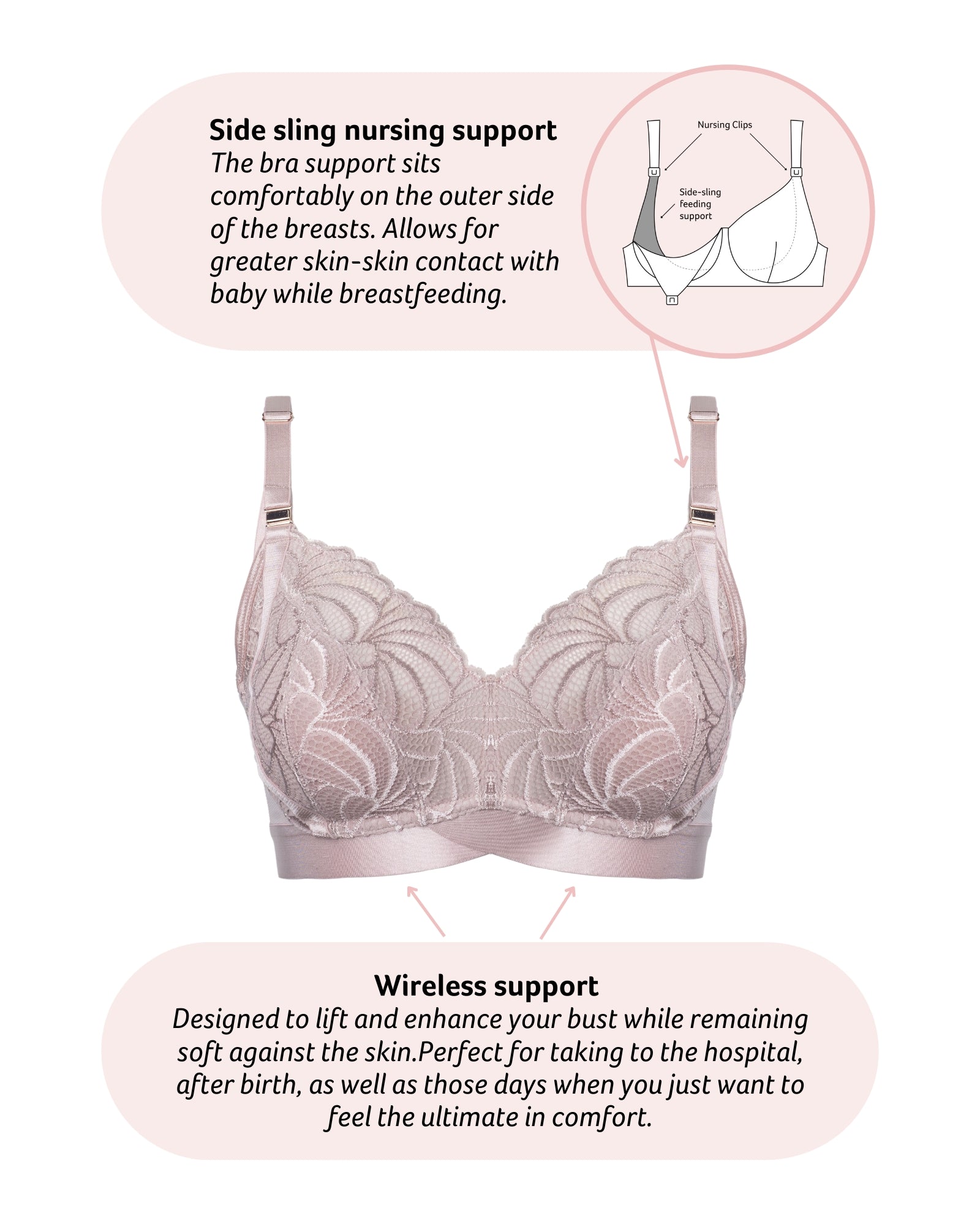 Technical features of Warrior Wirefree Soft Cup Nursing Bra in Blush