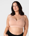 Hotmilk Caress FlexFit Nursing Bra in Cashmere Busty – lifestyle shot, soft bamboo nursing bra designed for fuller cup sizes E to G during pregnancy and breastfeeding