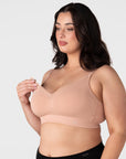Hotmilk Caress FlexFit Nursing Bra in Cashmere Busty – close-up of traditional one-handed nursing clip and side-sling for easy breastfeeding access and skin-to-skin contact