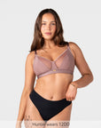 Hotmilk Flawless wirefree plunge nursing bra in Rose Dust with sheer neckline, Hunter wears size 12DD maternity bra