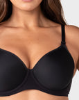Close up of the Forever New black maternity bra showing ultra-light spacer foam contour cup, flexiwire support and Hotmilk branded strap