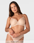 Model wearing the Hotmilk Forever New T-Shirt Nursing Bra in Frappe with matching briefs – full body front view showing flattering silhouette and everyday fit