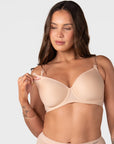 Model demonstrating one-handed nursing clip release on the Hotmilk Forever New T-Shirt Nursing Bra in Frappe – showing easy breastfeeding access
