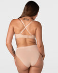 Rear view of the Hotmilk Forever New T-Shirt Nursing Bra in Frappe worn in racerback configuration – showing crossed adjustable straps and multi-hook back closure
