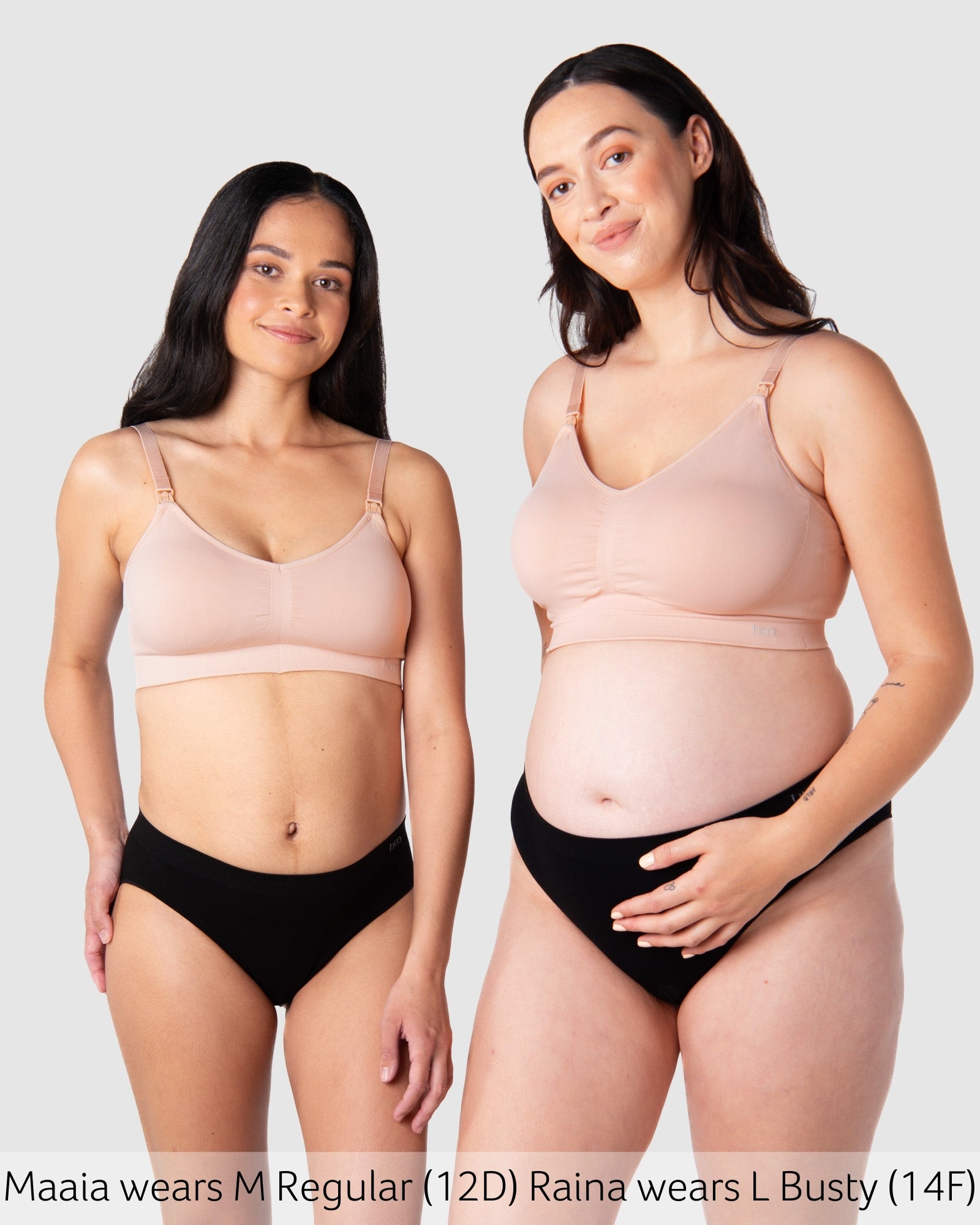Models wearing Hotmilk My Necessity bra in Ballet Pink, showing front view Regular and Busty version