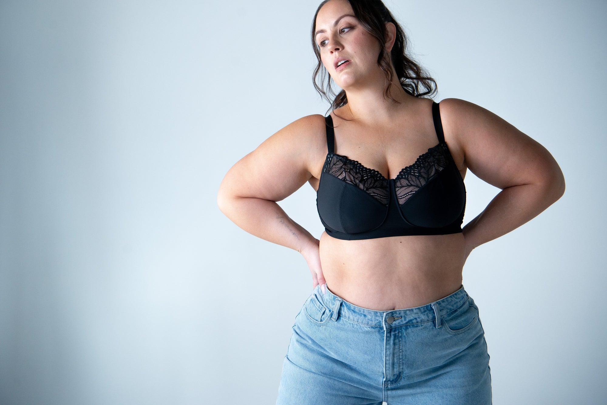 Woman wearing Hotmilk Evolve Luxe Wirefree bra in Black