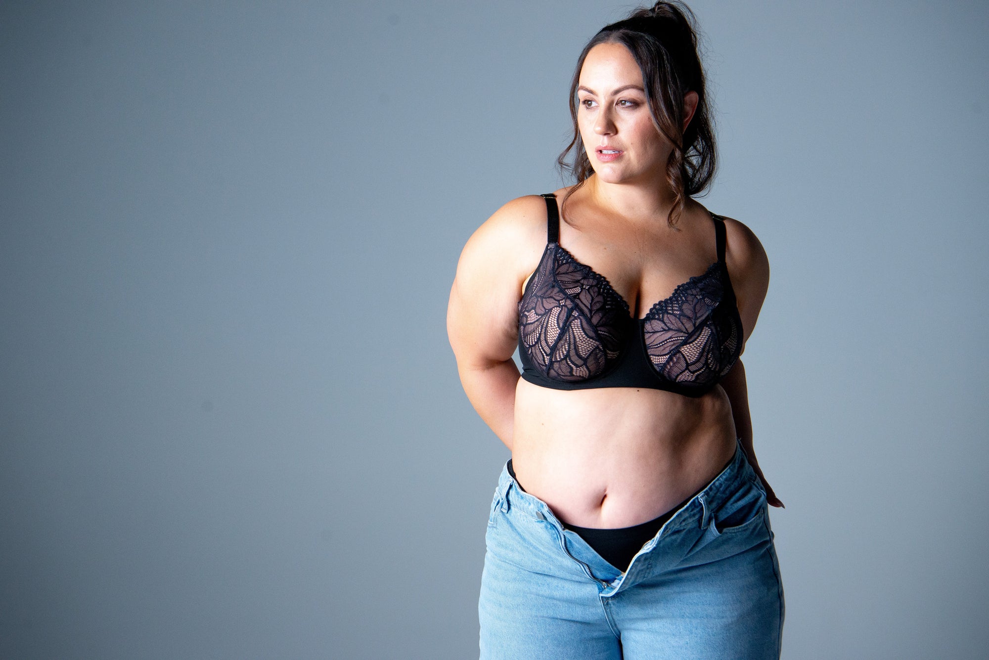 Woman wearing Hotmilk Evolve Refined Flexiwire bra in Black