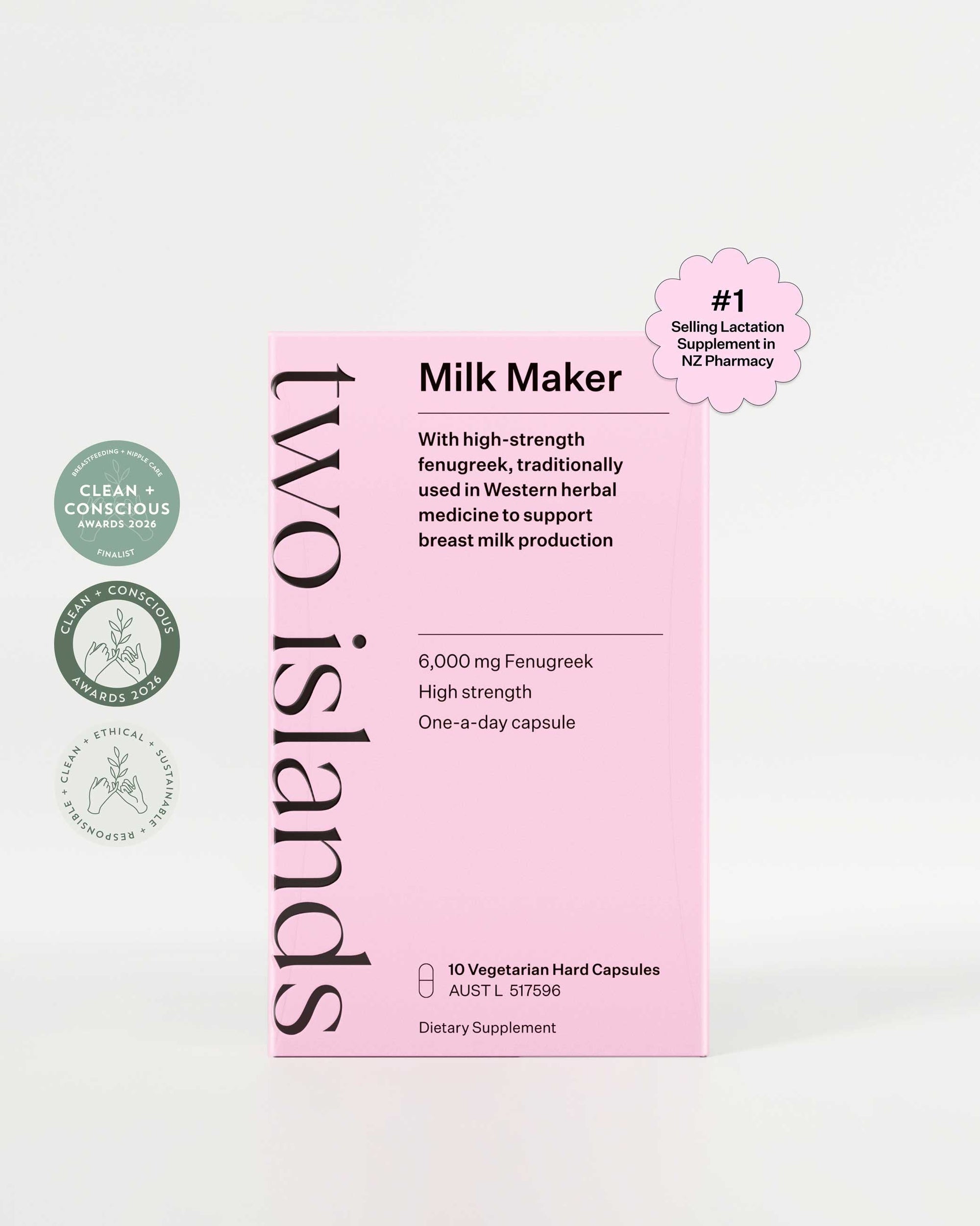 Two Islands Milk Maker box, number one selling lactation supplement in NZ pharmacy with high-strength fenugreek to boost breast milk supply