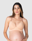 Kami, pregnant mother of 2, showcasing the comfort and style of HOTMILK NZ nursing and maternity bra - AMBITION T-SHIRT WIREFREE in maple, perfect for breastfeeding