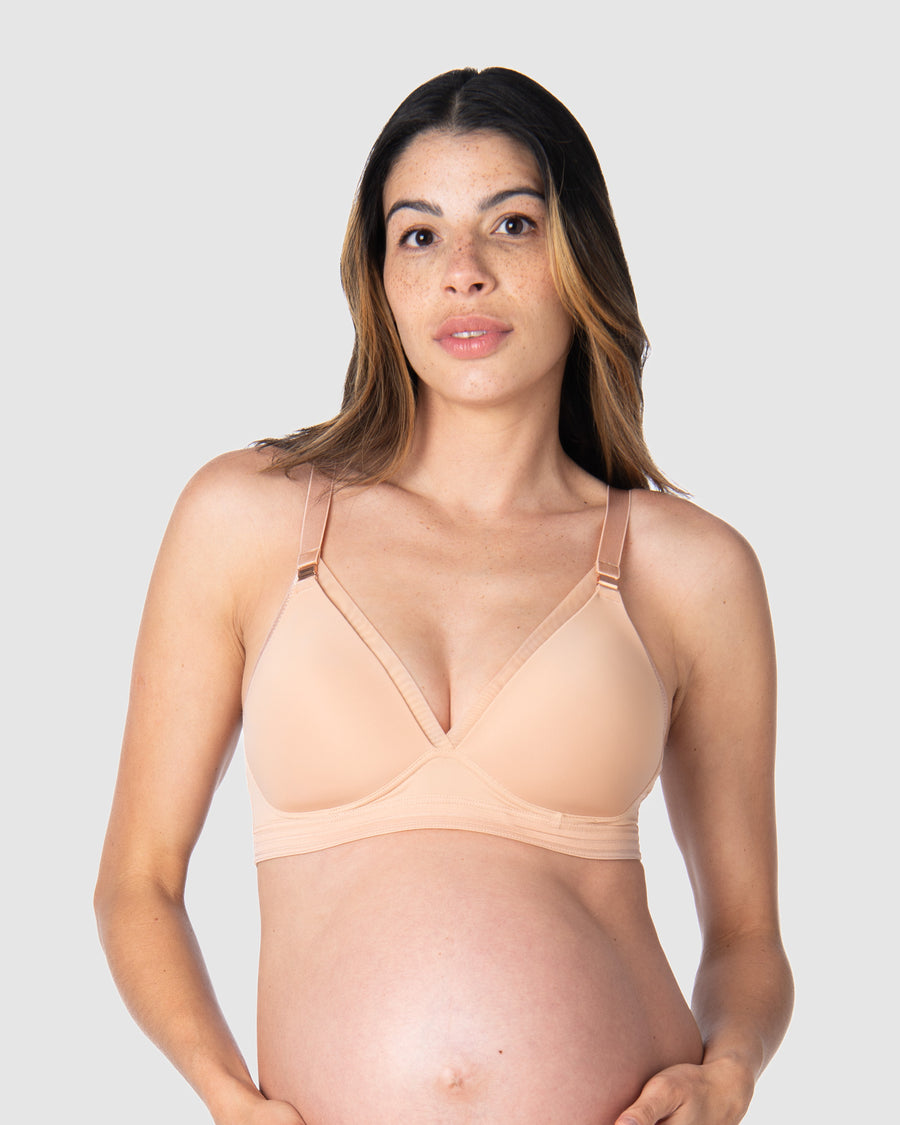 Kami, pregnant mother of 2, showcasing the comfort and style of HOTMILK NZ nursing and maternity bra - AMBITION T-SHIRT WIREFREE in maple, perfect for breastfeeding