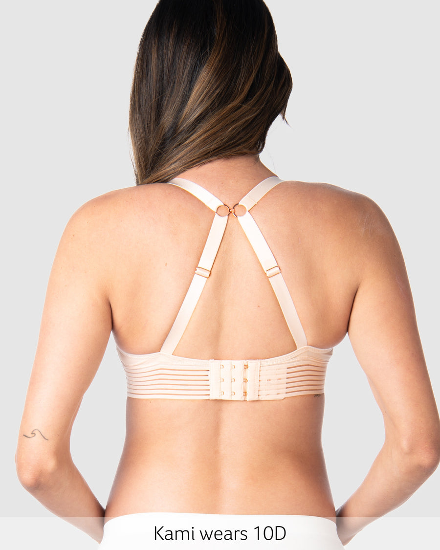 Back of Ambition T-shirt Wirefree Contour Nursing Bra in Shell worn Racerback