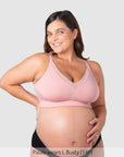 Hotmilk Caress FlexFit Nursing Bra in Petal Pink Busty – lifestyle shot, soft eco bamboo nursing bra for postpartum wear