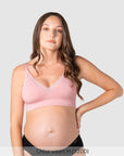 Hotmilk Caress FlexFit Nursing Bra in Petal Pink – lifestyle shot, comfortable wirefree nursing bra for postpartum wear
