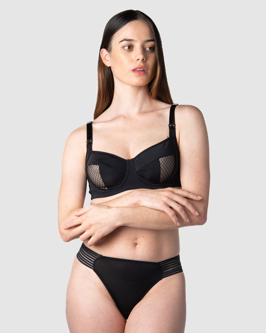 Complete attire: Emily, proud mother of 1, showcasing the Enlighten Balconette maternity, nursing, and breastfeeding bra in 10/382D from Hotmilk Lingerie New Zealand, offering flexiwire support for unmatched comfort and style