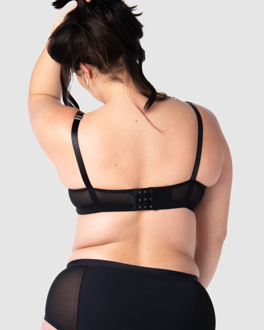 Rear view of Hotmilk Lingerie NZ's Enlighten Balconette maternity, nursing, and breastfeeding bra, featuring 6 rows of hook and eye closures for flexible and supportive fit