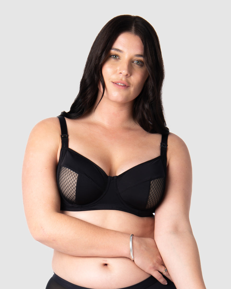 Model Olivia showcasing the allure of Hotmilk Lingerie AU's Enlighten Balconette maternity, nursing, and breastfeeding bra, with its elegant blend of soft slinky microfiber for a comfortable and stylish experience