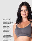 Uncover the Unique Features of Hotmilk Lingerie's My Necessity Wirefree Maternity and Nursing Bra. Witness Olivia Showcasing the Pinnacle of Comfort and Style with Seamless Design, Full Cup Coverage, Unparalleled Uplift, and an Extendable Band with 6 Rows of Hook and Eyes. Elevate Your Maternity Experience in the Best Seamfree Nursing Bra, Radiant in the Striking New Color Slate