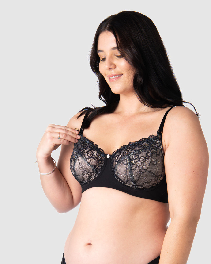 Olivia showcases the nursing clip functionality on Hotmilk NZ's award-winning Temptation in Black. Meticulously crafted for larger cup sizes, this bra provides a blend of style, support, and comfort throughout your breastfeeding journey