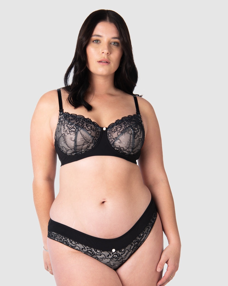 Hotmilk Lingerie's acclaimed Temptation in black showcases sheer lace over cotton cups. Renowned for providing expert support for larger cup sizes up to J cup, this bra offers elevated maternity and nursing styles that prioritize all-day comfort, support, and style