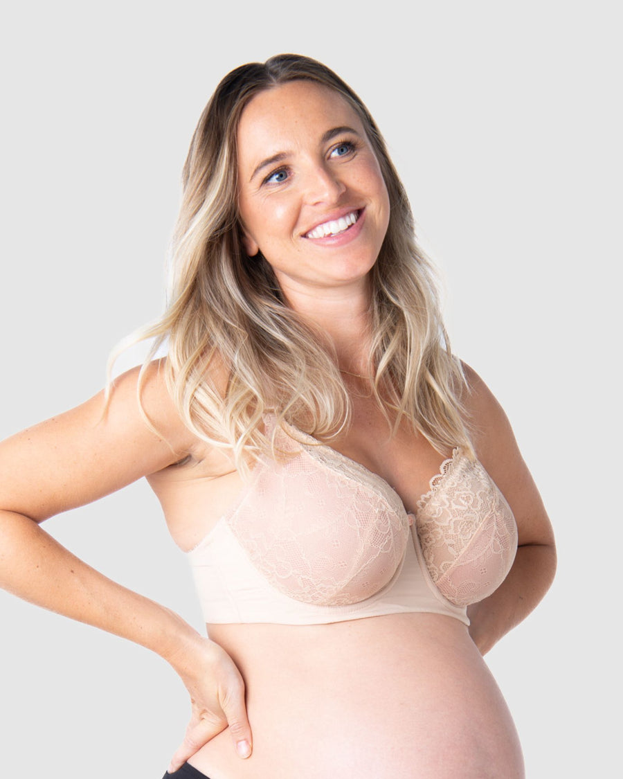 Delicately sheer lace over cotton-lined cups exudes a sense of elevated elegance in this maternity and nursing bra, designed for all-day wear. Grace, an expectant mother of 2, wears Hotmilk's Temptation in Powder. The flexi underwire ensures cup support and shaping, making it an ideal choice for the wedding and party season