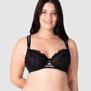 Hotmilk redefines luxury in maternity and nursing bras with the True Luxe collection. Experience true opulence with the luxuriously refined large floral lace nursing bra. It features exquisite twin strap detailing, semi-sheer full cup coverage, and flexi underwire support, all complemented by the added bonus of a plunging center. Embrace style and personality throughout your breastfeeding journey, without any compromise up to a J cup