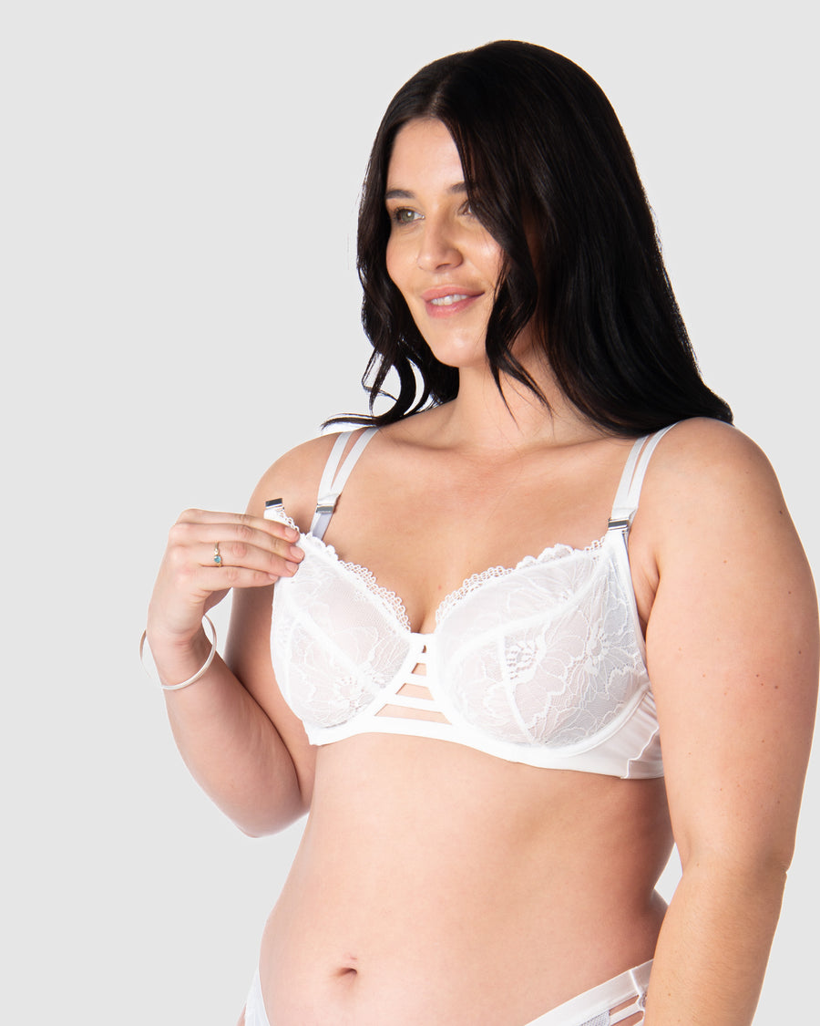 Olivia demonstrates the ease of use with Hotmilk Nursing Lingerie's signature magnetic nursing clips. Experience the finesse of fine lace and full cup design, catering to larger bust sizes up to a J cup