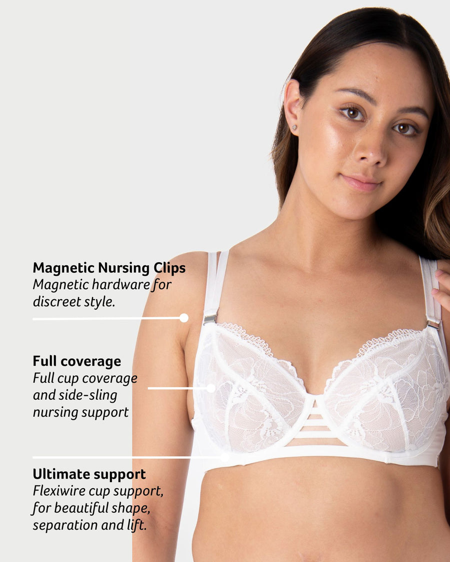 Discover the Key Features of Hotmilk Lingerie's True Luxe  White Maternity and Nursing Bra. Experience the Sensual Comfort of Flexi Underwire, Elevating Your Maternity Wardrobe to a New Level of Style and Functionality
