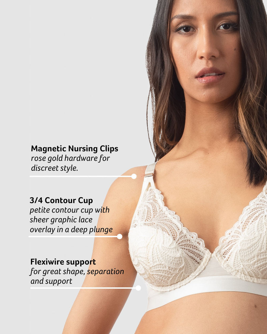 Discover the exceptional features of the Hotmilk Lingerie Warrior Plunge Nursing and Breastfeeding Bra in Ivory, showcased by Ariel, mama of 3. Explore the convenience of magnetic nursing clips, the support of contour cups, and the flexibility of flexi underwire—all integral elements of this stylish and functional bra
