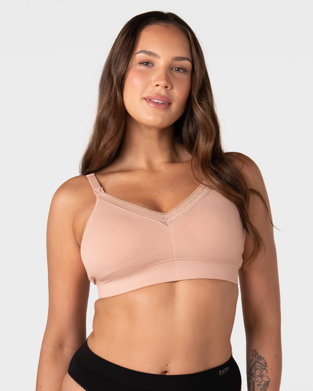 Hotmilk Caress FlexFit Nursing Bra in Cashmere – lifestyle shot, soft bamboo nursing bra for pregnancy, postpartum and breastfeeding