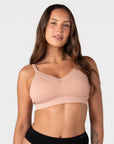 Hotmilk Caress FlexFit Nursing Bra in Cashmere – lifestyle shot, soft bamboo nursing bra for pregnancy, postpartum and breastfeeding