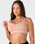 Hotmilk Caress FlexFit Nursing Bra in Cashmere – close-up of traditional one-handed nursing clip and side-sling for easy breastfeeding access and skin-to-skin contact