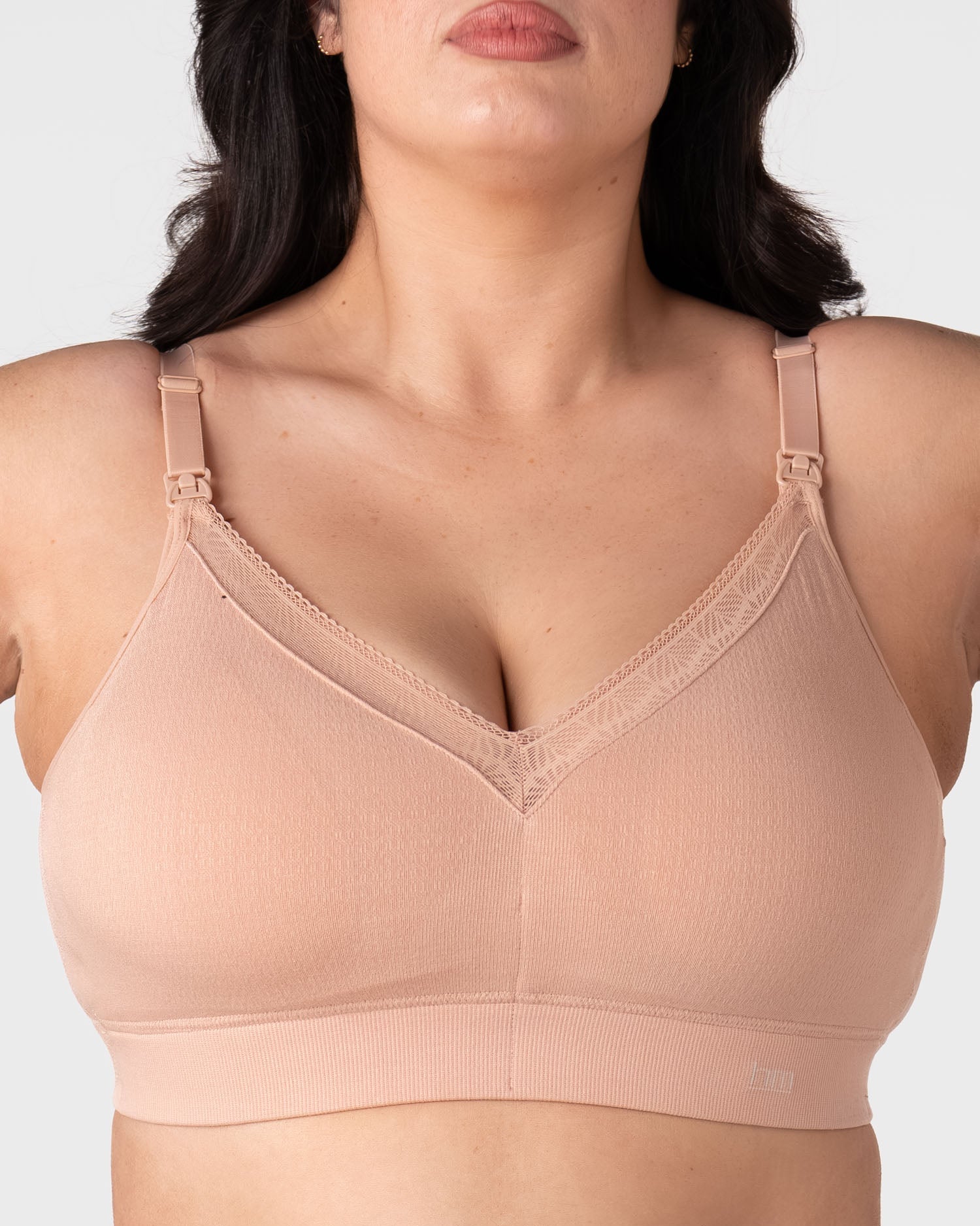 Hotmilk Caress FlexFit Nursing Bra in Cashmere Busty – detail of eco-friendly bamboo fabric with adjustable straps and removable padded cups, wirefree everyday comfort for fuller busts