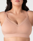 Hotmilk Caress FlexFit Nursing Bra in Cashmere Busty – detail of eco-friendly bamboo fabric with adjustable straps and removable padded cups, wirefree everyday comfort for fuller busts