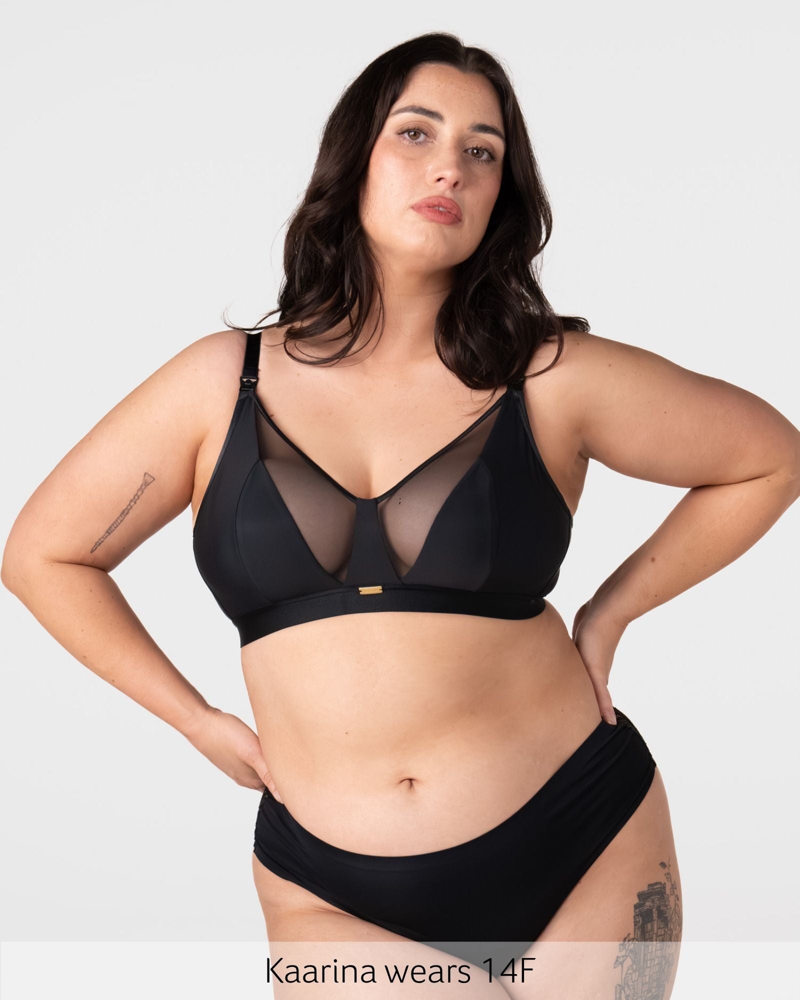 Hotmilk Flawless Full Cup Plunge Nursing Bra in Black – lifestyle shot, sheer plunge nursing bra for pregnancy and postpartum