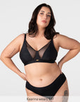 Hotmilk Flawless Full Cup Plunge Nursing Bra in Black – lifestyle shot, sheer plunge nursing bra for pregnancy and postpartum