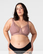 Fuller bust nursing bra for breastfeeding, Hotmilk Flawless Rose Dust plunge maternity bra, Kaarina wears 14F up to J cup