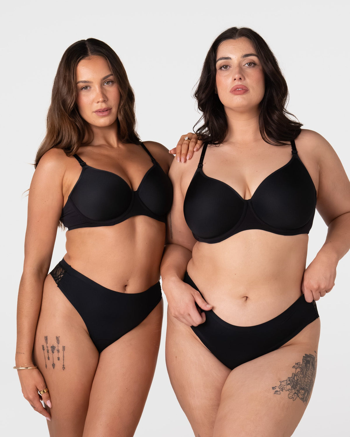 Two women wearing the Hotmilk Forever New black t-shirt nursing bra with smooth contour cups, shown in sizes for small and full busts