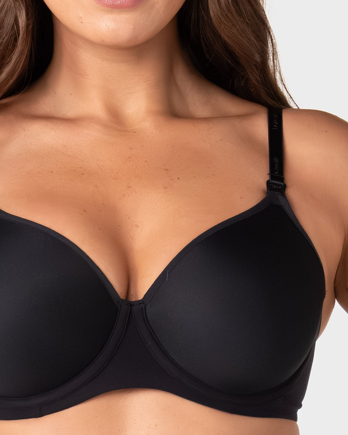 Close up of the Forever New black maternity bra showing ultra-light spacer foam contour cup, flexiwire support and Hotmilk branded strap