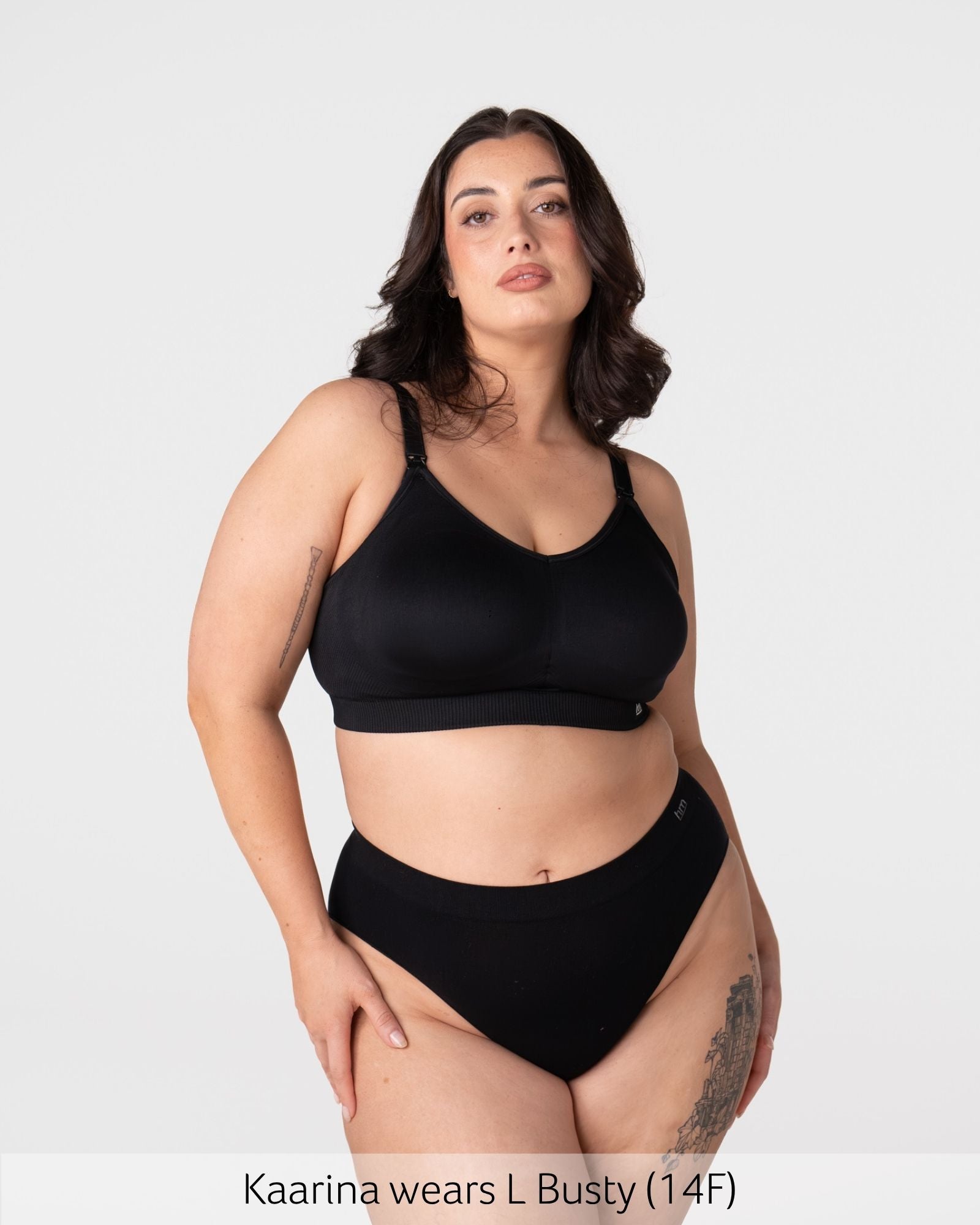 Model wearing the Hotmilk My Everyday FlexFit Nursing Bra in Black Busty – full body front view showing moulded cup silhouette and matching briefs