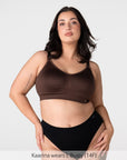 Kaarina wears Hotmilk My Everyday Busty seamless nursing bra in Chocolate, wirefree maternity bra for fuller busts F to J cup