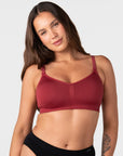 Hotmilk My Necessity 2.0 FlexFit Nursing Bra in Cherry – lifestyle shot, wirefree seamless nursing bra ideal for hospital, sleep and everyday wear during pregnancy and postpartum