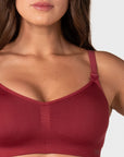 Hotmilk My Necessity 2.0 FlexFit Nursing Bra in Cherry – detail of ultra-soft recycled nylon fabric with removable contour cups, seamless FlexFit nursing bra in Cherry