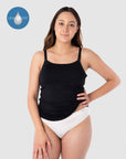 Tatiana, a breastfeeding mother of one, proudly dons Hotmilk Lingerie's groundbreaking leakproof Embrace cami. Designed to address light or unexpected leaks during breastfeeding, this versatile cami offers a multifit style with the option of racerback straps. Crafted from soft and sustainable bamboo yarn, this innovative design seamlessly blends practicality, style, and comfort, making it an excellent choice for nursing and breastfeeding needs